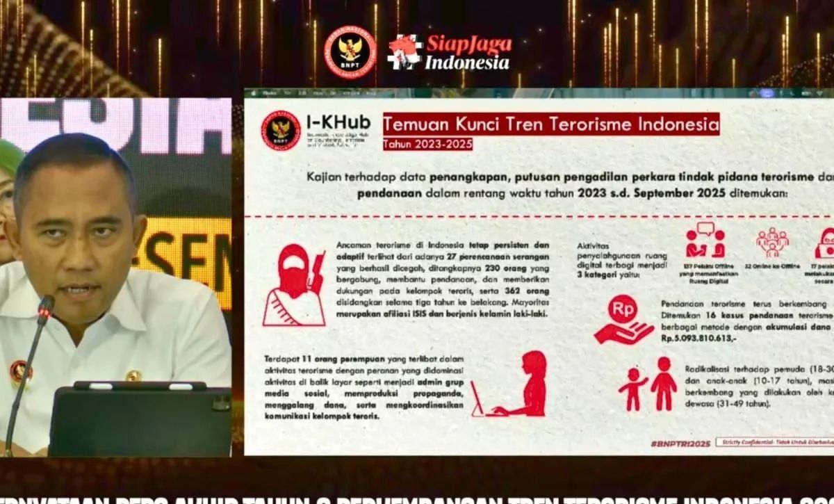 Tangkapan layar - Kepala BNPT Komisaris Jenderal Polisi (Purn.) Eddy Hartono dalam acara Pernyataan Pers Akhir Tahun dan Perkembangan Tren Terorisme Indonesia Tahun 2025 di Jakarta, Selasa, 30 Desember 2025. (ANTARA/YouTube/humasbnptri/Agatha Olivia  <b>(Antara)</b>