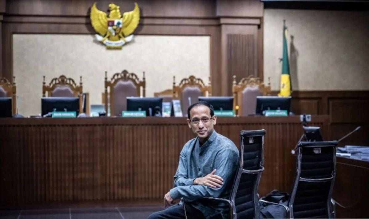 Terdakwa kasus dugaan korupsi dalam digitalisasi pendidikan pengadaan laptop Chromebook Nadiem Makarim bersiap mengikuti sidang pembacaan eksepsi di Pengadilan Tipikor, Jakarta, Senin (5/1/2026). Menteri Pendidikan, Kebudayaan, Riset dan Teknologi (M <b>(Antara)</b>