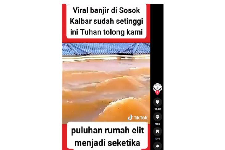 Tangkapan layar narasi di media sosial yang menyebutkan bahwa puluhan rumah elit di Kalbar terendam banjir setinggi atap (TikTok) <b>(Antara)</b>