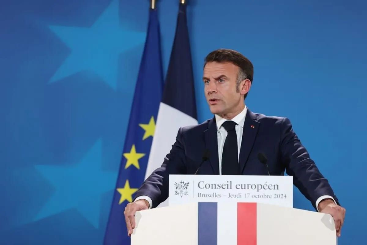  Presiden Prancis Emmanuel Macron berbicara dalam sebuah konferensi pers saat Konferensi Tingkat Tinggu Dewan Eropa di Brussels, Belgia, pada 17 Oktober 2024. (ANTARA/Xinhua/Zhao Dingzhe) <b>(Antara)</b>