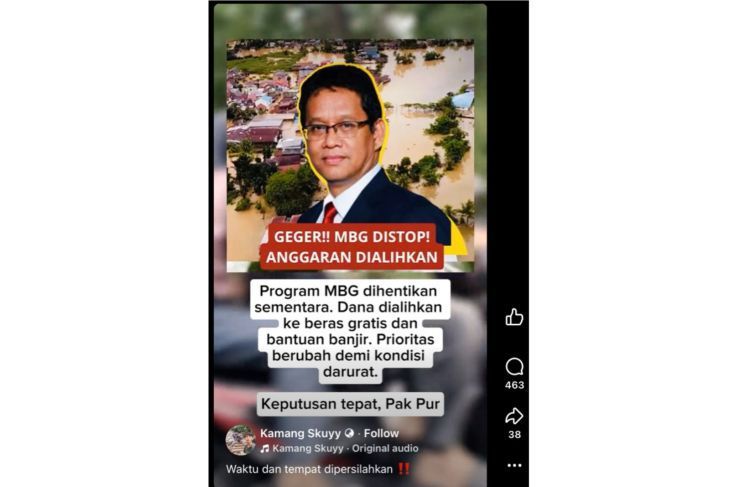 Unggahan yang menarasikan anggaran MBG dialihkan untuk korban banjir. Faktanya, tidak ada pernyataan resmi terkait informasi tersebut. (Facebook) <b>(Antara)</b>