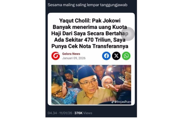 Unggahan artikel yang menarasikan Jokowi terima dana korupsi haji dari Yaqut. Faktanya, tangkapan layar artikel tersebut merupakan suntingan. (X) <b>(Antara)</b>