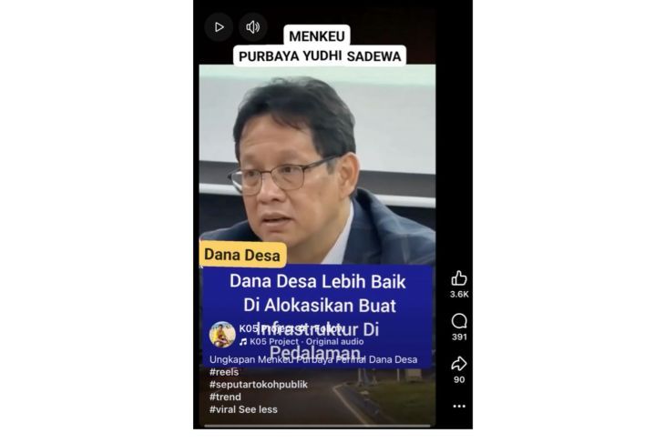 Unggahan video yang menarasikan Purbaya sebut kepala desa jadi kaya sejak ada dana desa. Faktanya, video tersebut merupakan hasil AI. (Facebook) <b>(Antara)</b>