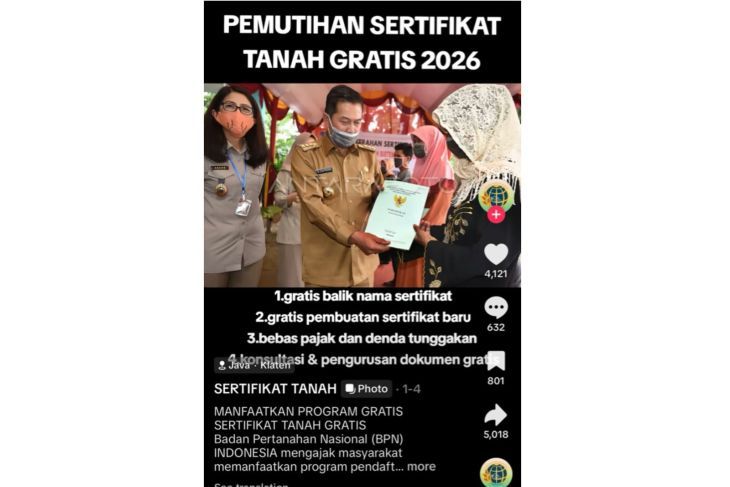 Unggahan yang menarasikan akun mengatasnamakan ATR/BPN untuk mengurus tanah gratis. Faktanya, Kementerian ATR/BPN menyatakan unggahan tersebut merupakan hoaks. (Facebook) <b>(Antara)</b>