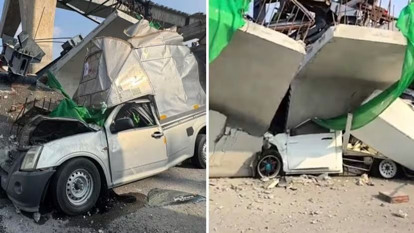 Sebuah crane di lokasi konstruksi jalan tol di pinggiran Bangkok roboh pada 15 Januari 2026, menewaskan dua orang. (Foto: Facebook/Fire &amp; Rescue Thailand) <b>(CNA)</b>