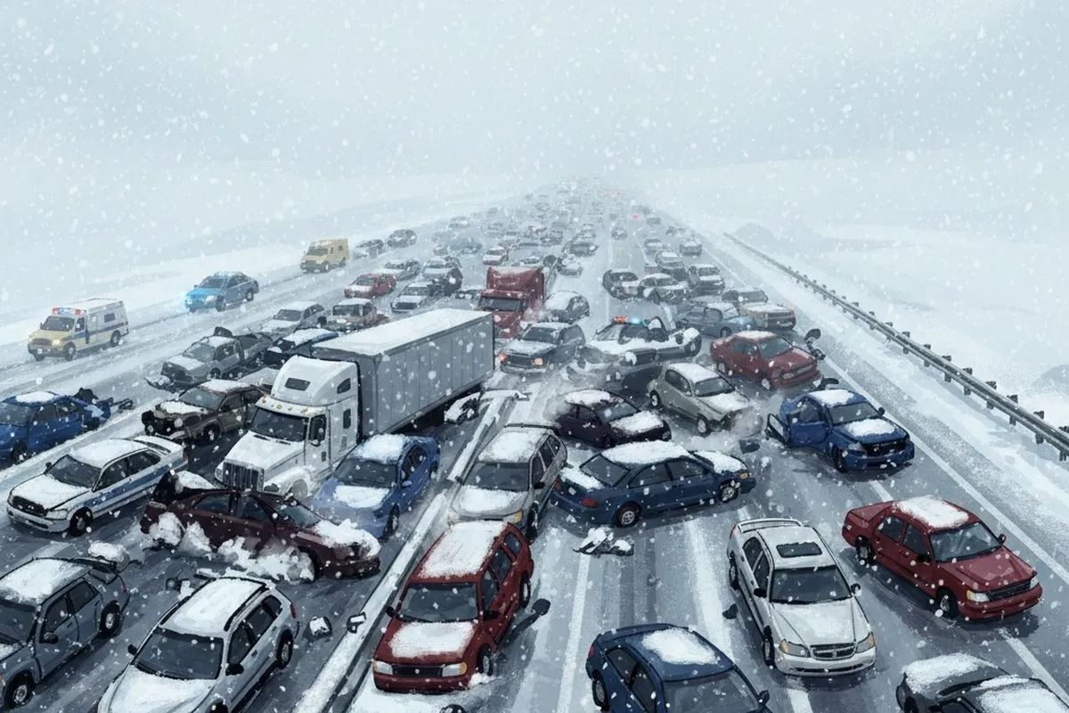 Gambar ilustrasi tentang tabrakan beruntun di tengah cuaca bersalju yang dihasilkan oleh kecerdasan buatan. (Google Gemini) <b>(Antara)</b>