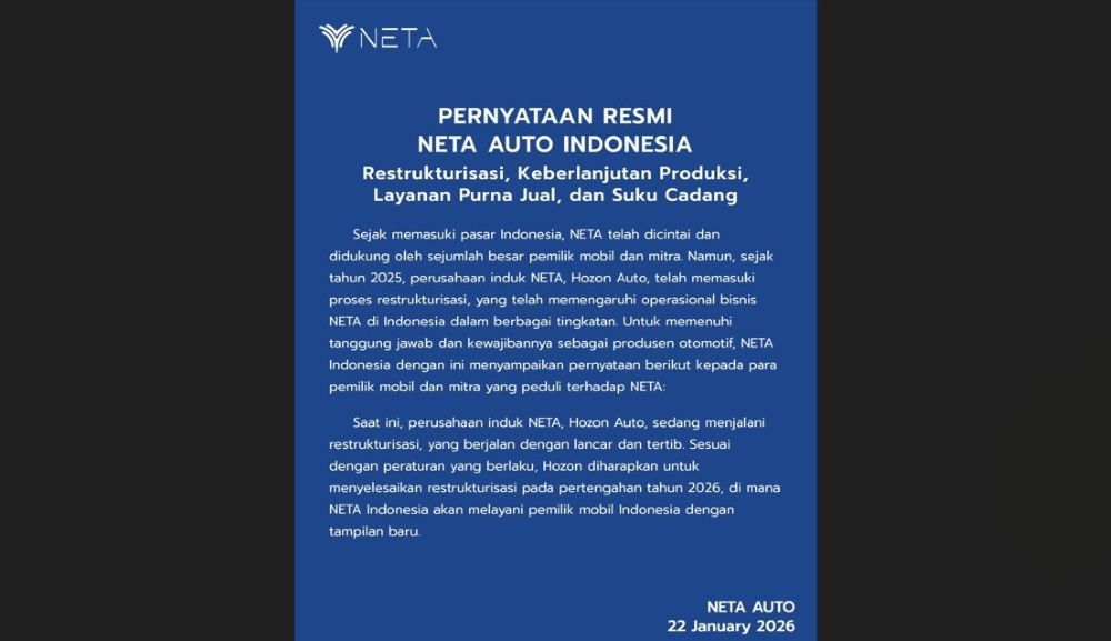 Neta Auto Indonesia menegaskan tetap fokus pada pengembangan bisnis dan penguatan eksistensinya di pasar otomotif Indonesia. (Foto: Istimewa) 
