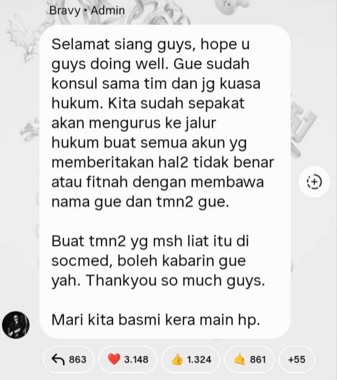 Postingan Bravy di broadcast Instagram  <b>(Instagram)</b>