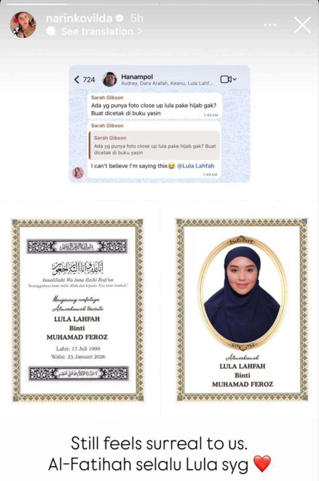 Upaya Sarah Gibson cari foto Lula Lahfah berhijab untuk dicetak ke buku Yasin <b>(Instagram)</b>