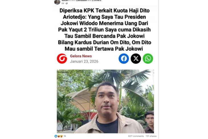 Unggahan yang menarasikan Dito Ariotedjo sebut Jokowi terima Rp2 triliun dari Yaqut Cholil. Faktanya, pernyataan tersebut tidak berdasar. (Facebook) <b>(Antara)</b>
