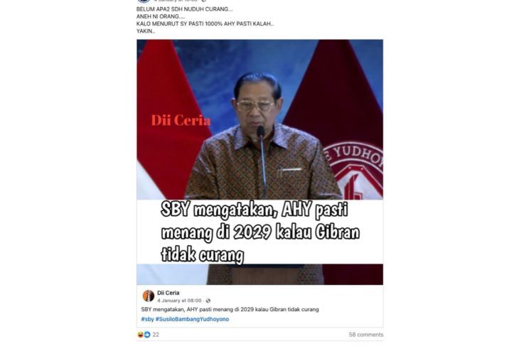 Unggahan yang menarasikan SBY ungkap AHY pasti menang Pemilu 2029 jika Gibran tidak curang. Faktanya, tidak ditemukan pernyataan resmi maupun video yang membuktikan SBY pernah menyampaikan klaim tersebut. (Facebook) <b>(Antara)</b>