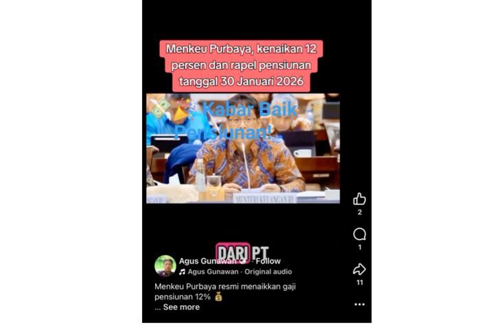 Unggahan video yang menarasikan Menkeu Purbaya umumkan kenaikan 12 persen gaji pensiunan dan pencairan dana rapel pensiunan pada 30 Januari. Faktanya, video tersebut merupakan hasil AI. (Facebook) <b>(Antara)</b>