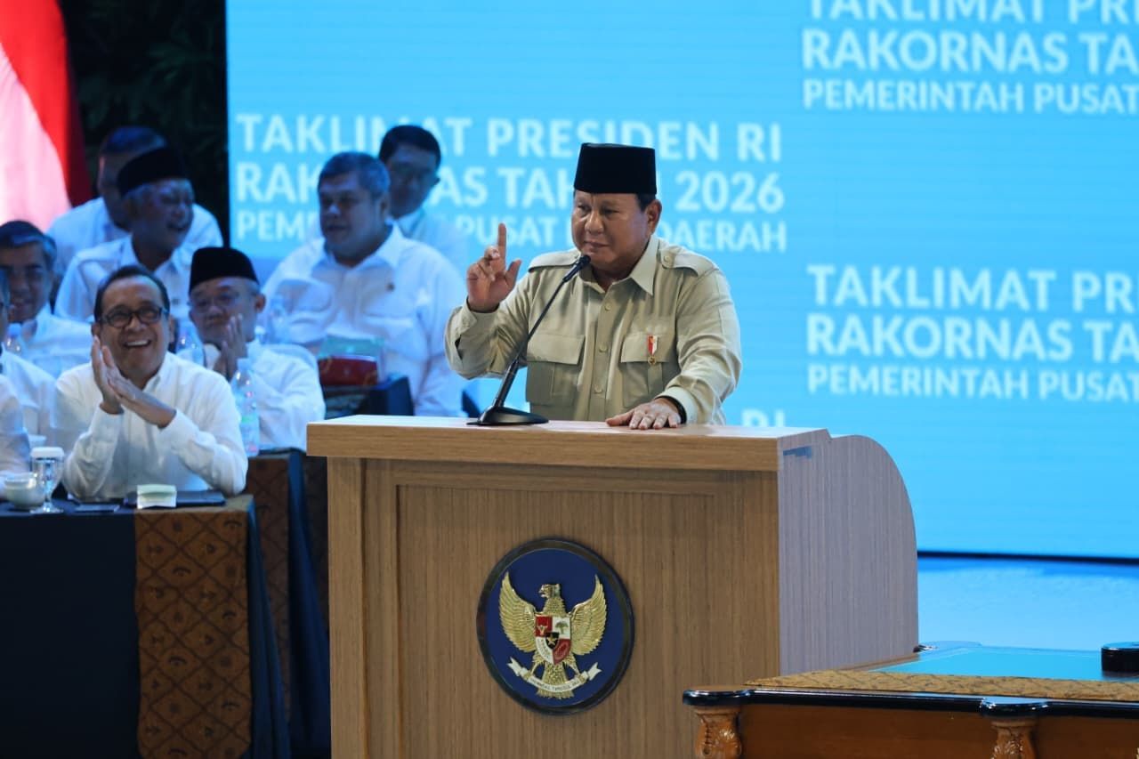 Presiden Prabowo Subianto pada Rapat Koordinasi Nasional (Rakornas) Pemerintah Pusat dan Daerah di Sentul, Kabupaten Bogor, Jawa Barat, pada Senin, 2 Februari 2026. <b>(Sekertariat Kepresidenan)</b>