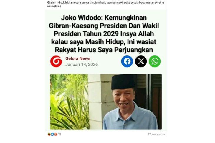 Unggahan yang menarasikan Jokowi sebut Gibran-Kaesang calon Presiden-Wapres 2029. Faktanya, judul dalam unggahan tersebut merupakan suntingan. (Facebook) <b>(Antara)</b>