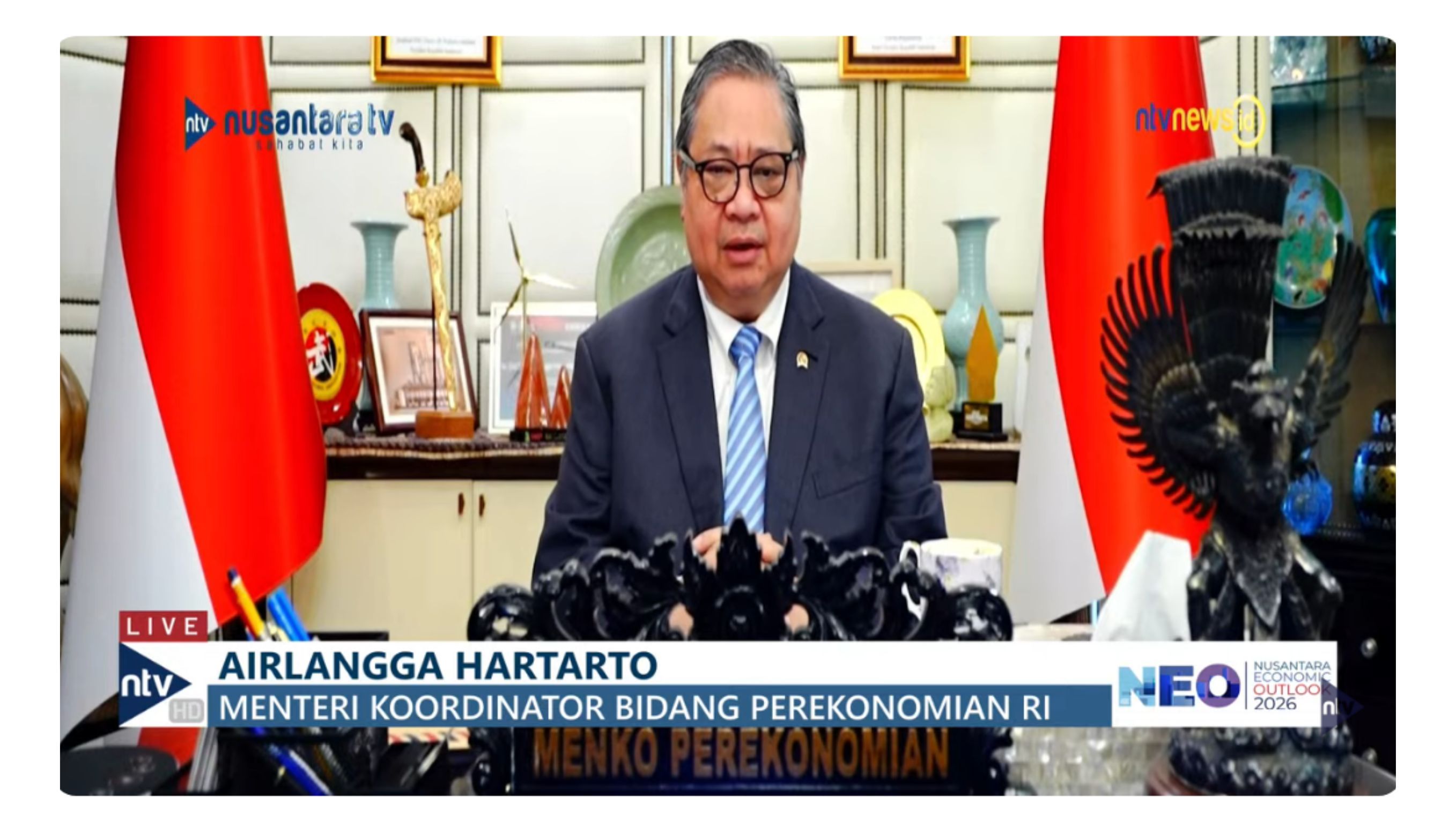 Menteri Koordinator Bidang Perekonomian (Menko Perekonomian) Airlangga Hartarto di acara Nusantara Economic Outlook 2026 <b>(Nusantara TV)</b>