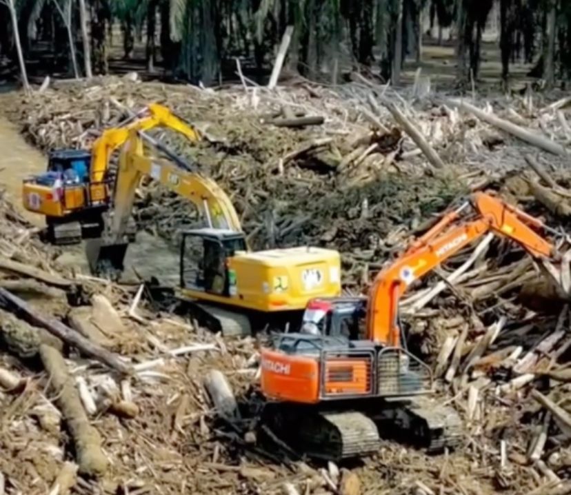 Prajurit TNI membersihkan kayu-kayu&nbsp;pascabencana banjir Aceh, dengan&nbsp;alat berat seperti ekskavator dan buldoser. <b>(Istimewa)</b>