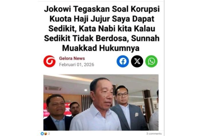 Unggahan yang menampilkan tangkapan layar artikel Jokowi akui dapat uang korupsi haji. Faktanya, judul dalam tangkapan layar tersebut merupakan suntingan. (Facebook) <b>(Antara)</b>