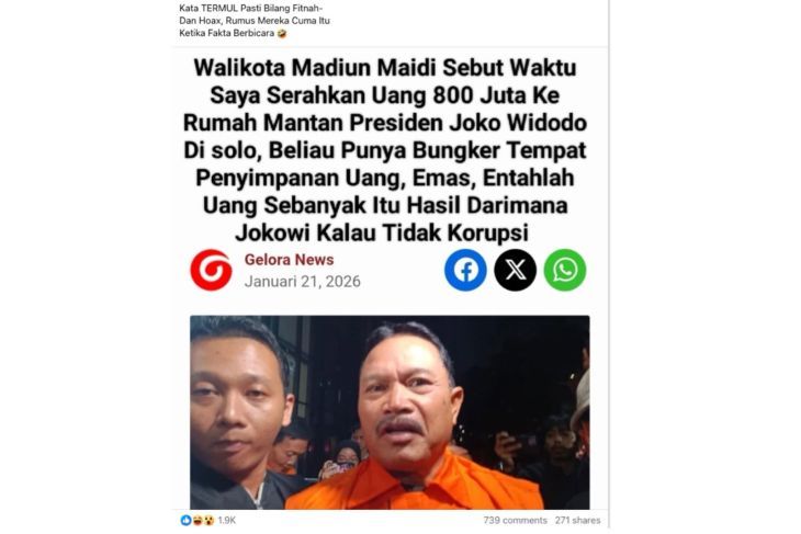 Unggahan yang menarasikan artikel Wali Kota Madiun sebut setor uang Rp800 juta ke Jokowi. Faktanya, judul artikel dalam tangkapan layar tersebut merupakan suntingan. (Facebook) <b>(Antara)</b>