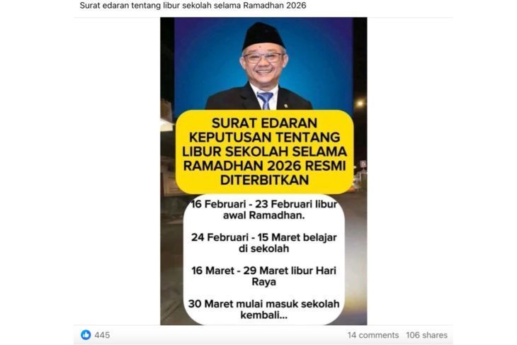 Unggahan yang menarasikan surat edaran libur sekolah selama Ramadhan 2026. Faktanya, belum ada surat edaran resmi dari Kementerian Agama, Kementerian Pendidikan Dasar dan Menengah, maupun Kementerian Dalam Negeri terkait jadwal libur sekolah selama Ramadan 2026. (Facebook) <b>(Antara)</b>