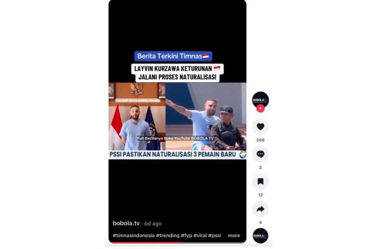 Unggahan yang menarasikan video Layvin Kurzawa jalani proses naturalisasi. Faktanya, tidak ditemukan informasi resmi dari PSSI maupun pihak terkait mengenai proses naturalisasi Layvin Kurzawa. (TikTok) <b>(Antara)</b>