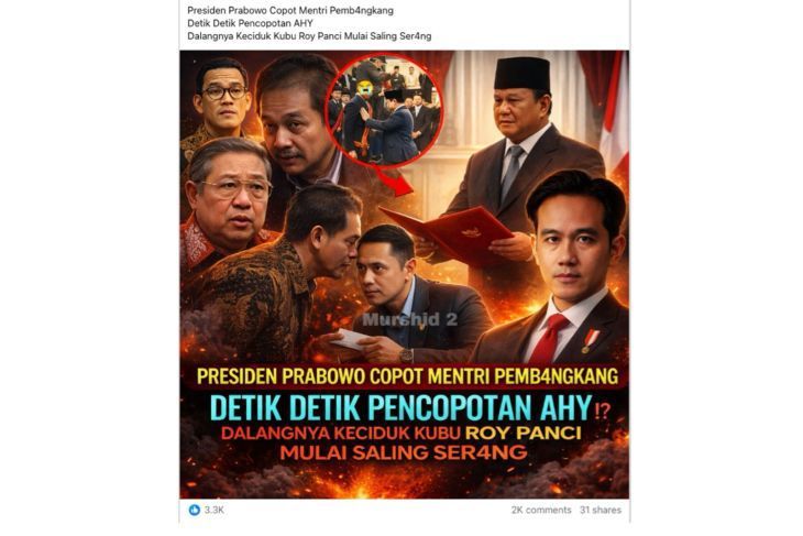 Unggahan yang menarasikan Prabowo copot AHY dari Menko IPK pada Februari 2026. Faktanya, AHY masih menjabat sebagai Menko IPK hingga saat ini. (Facebook) <b>(Antara)</b>