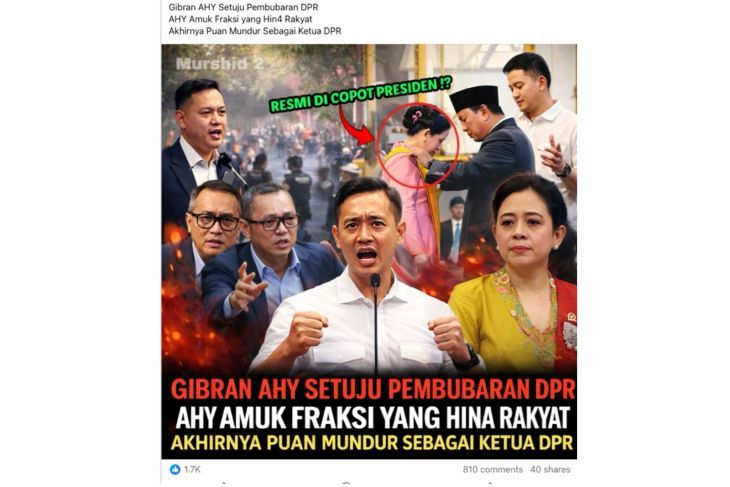 Unggahan yang menarasikan Gibran dan AHY setuju DPR dibubarkan. Faktanya, pernyataan tersebut tidak berdasar. (Facebook) <b>(Antara)</b>