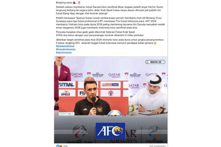 Unggahan yang menarasikan pelatih Timnas Futsal Indonesia Hector Souto jadi pelatih Timnas Futsal Arab Saudi. Faktanya, Ketua Umum FFI Michael Victor Sianipar, memastikan Hector Souto masih menjadi pelatih Timnas Futsal Indonesia sesuai kontrak yang berlaku hingga 2028. (Facebook) <b>(Antara)</b>