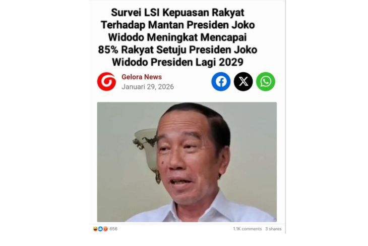 Unggahan tangkapan layar artikel 85 persen rakyat setuju Jokowi jadi presiden lagi 2029. Faktanya, tangkapan layar tersebut merupakan suntingan. (Facebook) <b>(Antara)</b>