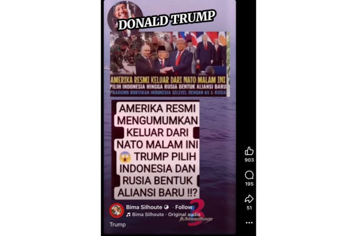 Unggahan yang menarasikan AS keluar dari NATO, Trump ajak Indonesia dan Rusia bentuk aliansi baru. Faktanya, pernyataan tersebut tidak berdasar. (Facebook) <b>(Antara)</b>