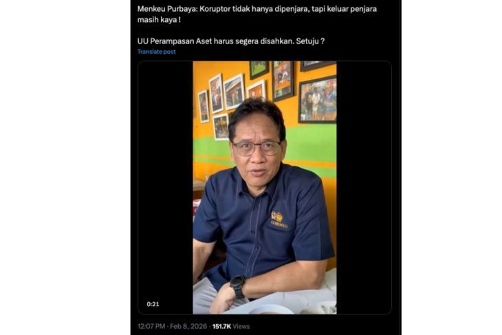 Unggahan video Purbaya yang menarasikan koruptor tetap kaya meskipun masuk penjara. Faktanya, video tersebut merupakan hasil suntingan AI. (X) <b>(Antara)</b>