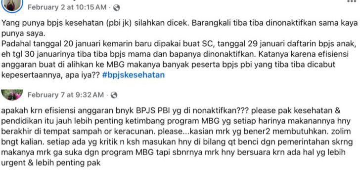 Unggahan yang menarasikan BPJS Kesehatan PBI dicabut karena efisiensi anggaran untuk MBG. Faktanya, BPJS Kesehatan menjelaskan kebijakan ini bertujuan memperbarui data agar bantuan tepat sasaran. (Facebook) <b>(Antara)</b>