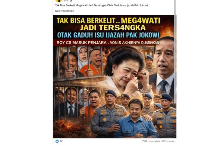 Unggahan yang menarasikan Megawati jadi tersangka kasus dugaan ijazah palsu Jokowi. Faktanya, pernyataan tersebut tidak berdasar. (Facebook) <b>(Antara)</b>