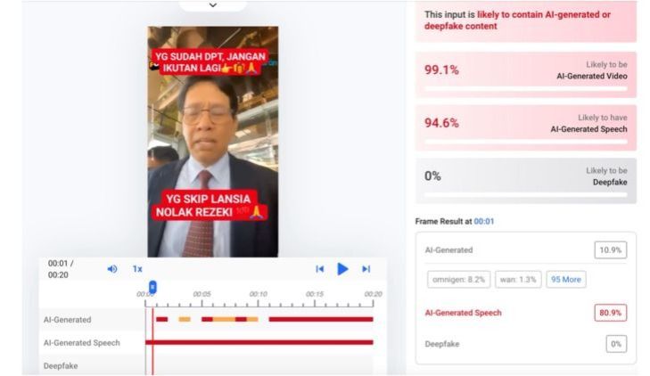 Unggahan yang menarasikan Purbaya berikan bantuan khusus lansia selama Ramadhan. Faktanya, video dalam unggahan tersebut merupakan suntingan AI. (Facebook) <b>(Antara)</b>
