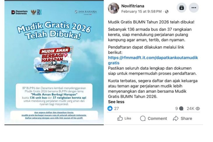Unggahan yang menarasikan tautan mudik gratis BUMN 2026. Faktanya, tautan tersebut berpotensi phising. (Facebook) <b>(Antara)</b>