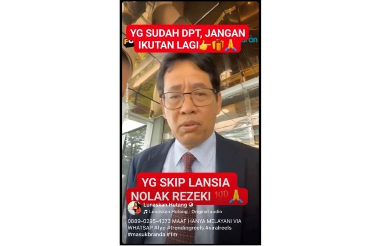 Unggahan yang menarasikan Purbaya berikan bantuan khusus lansia selama Ramadhan. Faktanya, video dalam unggahan tersebut merupakan suntingan AI. (Facebook) <b>(Antara)</b>