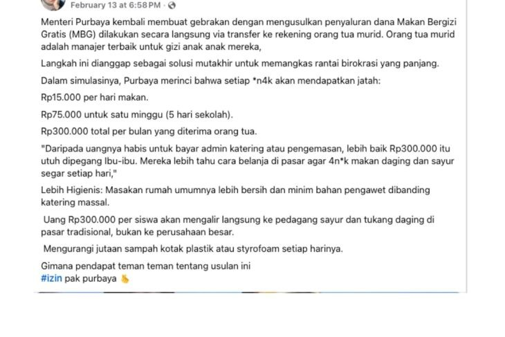 Unggahan yang menarasikan anggaran MBG di transfer ke rekening orang tua siswa Rp300 ribu perbulan. Faktanya, pernyataan tersebut merupakan hoaks. (Facebook). <b>(Antara)</b>