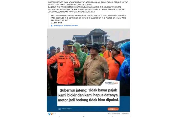 Unggahan yang menarasikan Gubernur Jateng sebut jika tidak bayar pajak datanya akan dihapus dan diblokir. Faktanya, pernyataan tersebut tidak berdasar. (Facebook) <b>(Antara)</b>