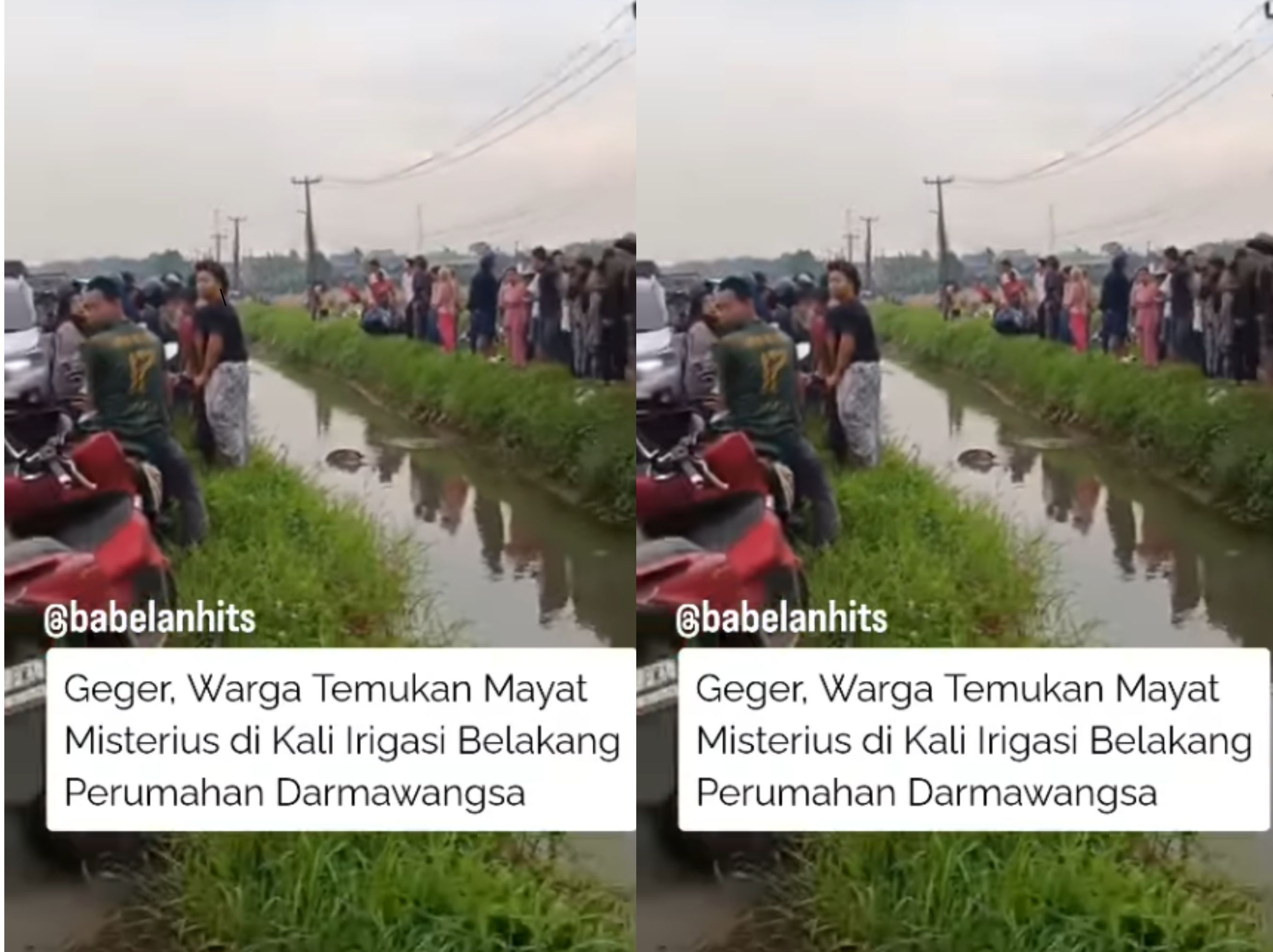 Warga digegerkan dengan penemuan sesosok mayat pria tanpa identitas yang mengapung di kali irigasi belakang Perumahan Darmawangsa, Tambun Utara, Senin sore (2/3/2026). <b>(babelan hits)</b>