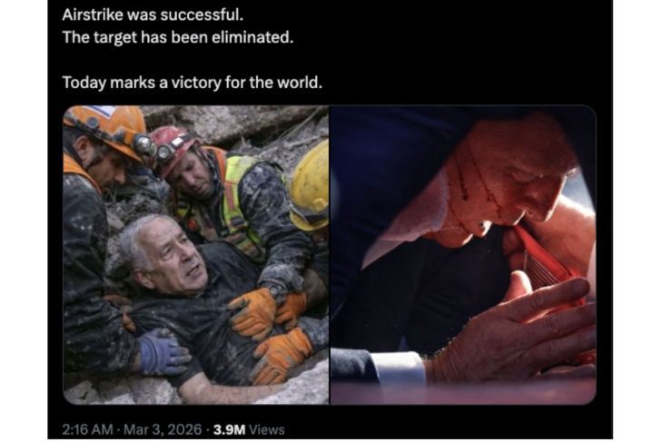 Unggahan yang menarasikan foto PM Israel Netanyahu terkena serangan Iran pada Selasa 3 Maret 2026. Faktanya, foto tersebut merupakan suntingan. (Facebook) <b>(Antara)</b>