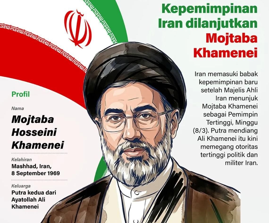 Iran memasuki babak kepemimpinan baru setelah Majelis Ahli Iran menunjuk Mojtaba Khamenei sebagai Pemimpin Tertinggi, Minggu 8 Maret 2026. Putra mendiang Ali Khamenei itu kini memegang otoritas tertinggi politik dan militer Iran. <b>(Antara)</b>