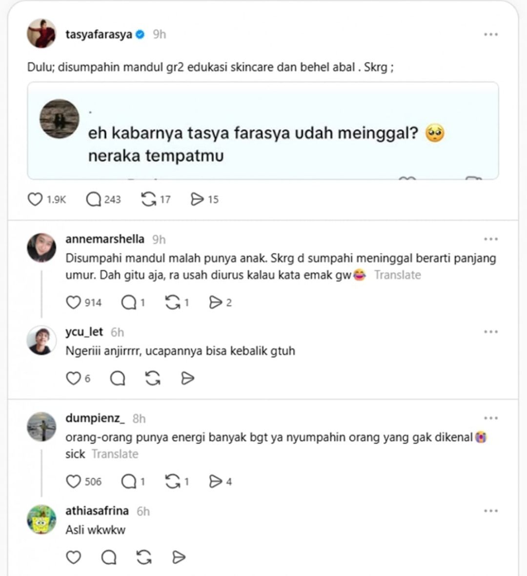 Komentar netizen sumpahin Tasya Farasya meninggal dunia  <b>(Instagram)</b>