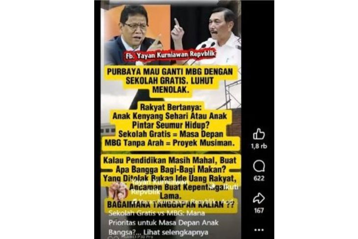 Unggahan yang menarasikan Menkeu Purbaya ganti program MBG jadi sekolah gratis. Faktanya, pernyataan tersebut tidak berdasar. (Facebook) <b>(Antara)</b>