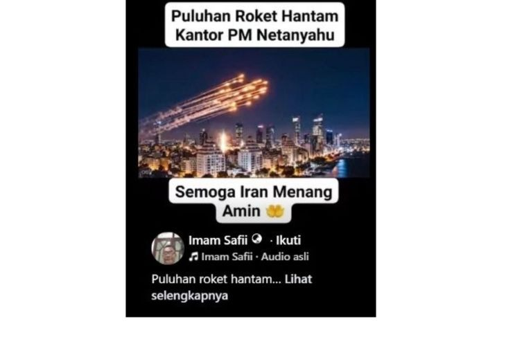 Unggahan video yang menarasikan puluhan roket hantam kantor Netanyahu. Faktanya, video tersebut merupakan hasil AI. (Facebook) <b>(Antara)</b>