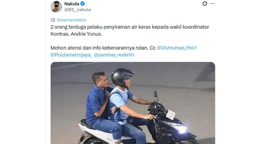 Beredar foto tampang Pelaku Penyiram Air Keras ke Andrie Yunus <b>(X)</b>