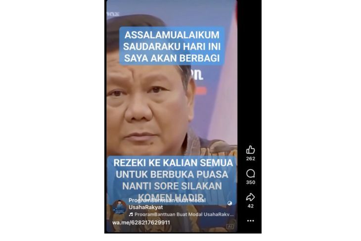 Unggahan yang menarasikan Prabowo berikan THR total Rp20 triliun untuk masyarakat yang membutuhkan. Faktanya, video tersebut merupakan hasil AI. (Facebook) <b>(Antara)</b>
