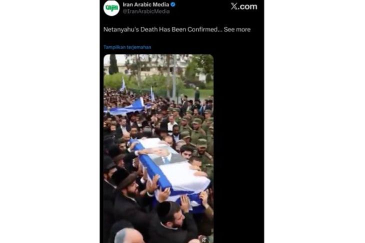 Unggahan video yang menampilkan ribuan orang menggotong peti jenazah Netanyahu. Faktanya, video tersebut merupakan hasil AI. (X) <b>(Antara)</b>