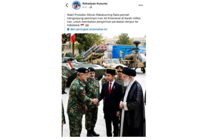 Unggahan yang menampilkan foto Wapres Gibran Rakabuming Raka mengunjungi Ali Khamenei di Iran. Faktanya, foto tersebut merupakan hasil AI. (Facebook) <b>(Antara)</b>