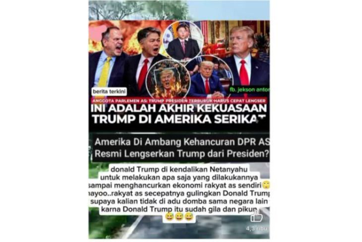 Unggahan yang menarasikan DPR AS lengserkan Donald Trump dari kursi kepresidenan. Faktanya, pernyataan asli dalam unggahan tersebut tidak sesuai dengan isi judul. (Facebook) <b>(Antara)</b>