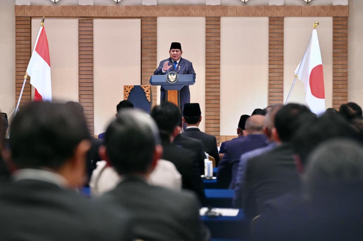 Presiden Prabowo dalam pidato kunci pada Forum Bisnis Indonesia-Jepang yang digelar di Imperial Hotel Tokyo <b>(Sekretariat Presiden)</b>