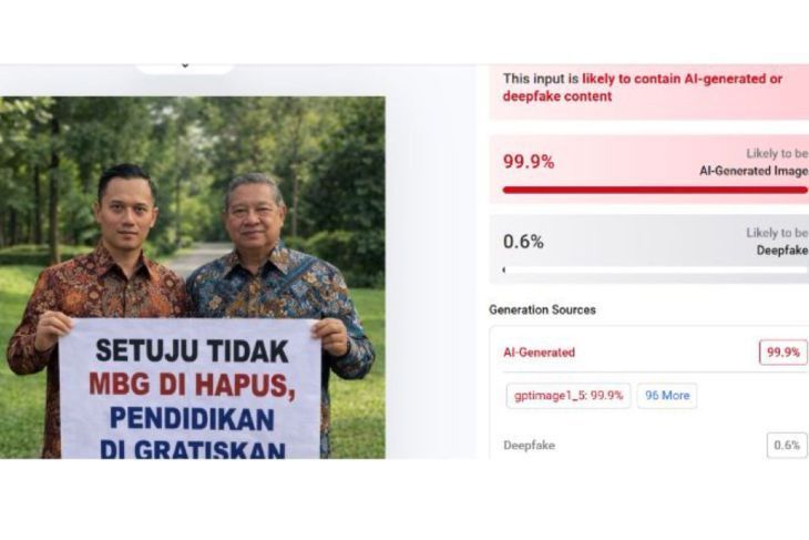 Hasil pemeriksaan menggunakan AI Detector. (Hive Moderation) <b>(Antara)</b>